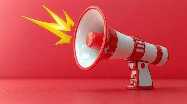 red and white megaphone emitting yellow sound waves on red surface conveying loud announcement or communication