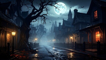 Spooky Night Street Scene with Full Moon and Fog.