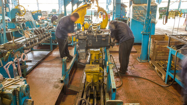 Tractor engine assembled on the factory production line on tractor factory timelapse