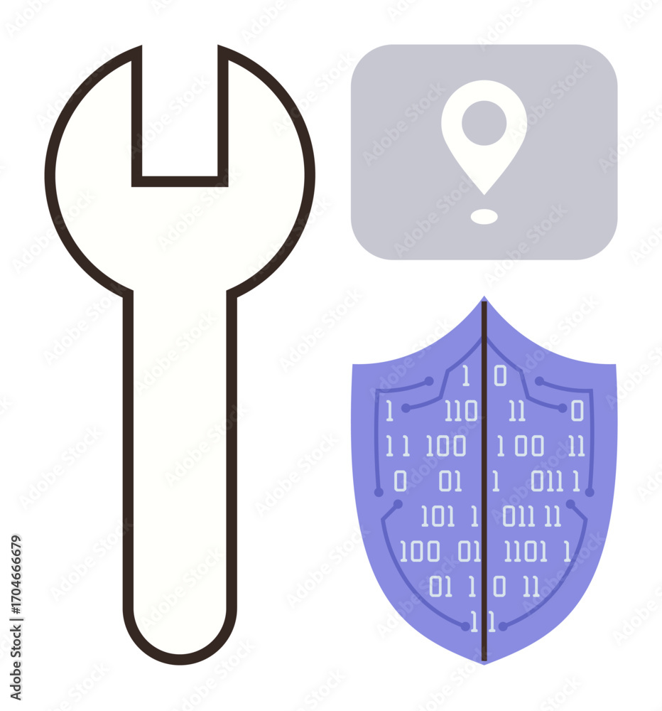 Aufkleber wrench symbolizing maintenance, shield with binary code for cybersecurity, and location pin for geol