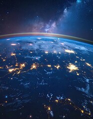 Earth from space, night view, glowing cities, Milky Way