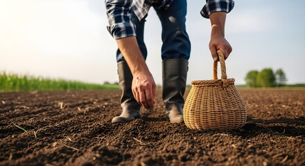 Farmer planting seeds in a cultivated field with a woven basket agriculture