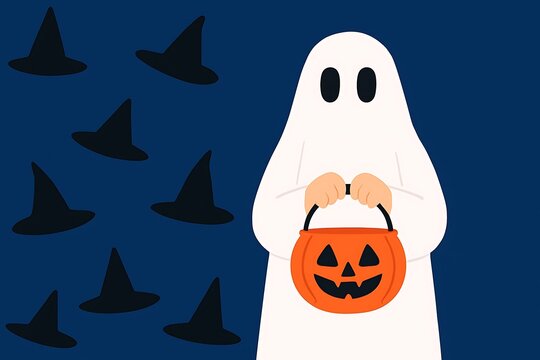 A friendly ghost character in a white sheet costume holds a jack-o'-lantern candy bucket for trick-or-treating on a spooky Halloween night