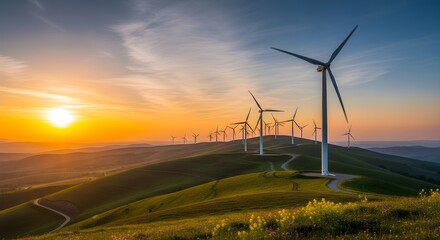 Wind turbines stand on rolling green hills at sunset with a winding road and wildflowers in the foreground