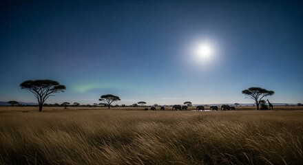 Obraz premium Serengeti Plains at Night: A Silhouetted Dreamscape with Elephants, Trees, and Starry Skies Under the Moon's Glow, A True African Adventure.