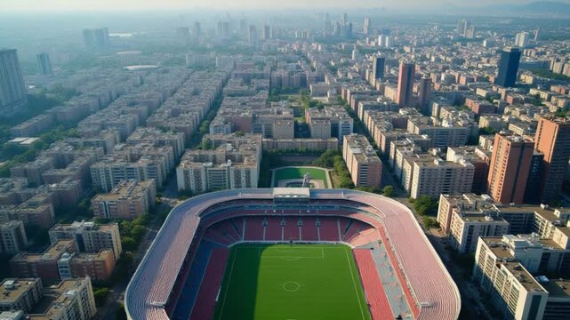 Aerial city view with a small football stadium