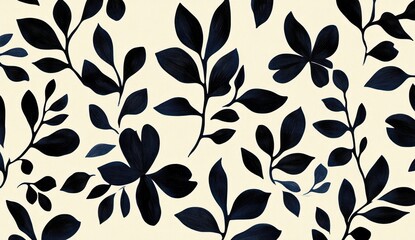 Seamless pattern of dark blue and black leaves on white background creating a stylish and modern botanical design