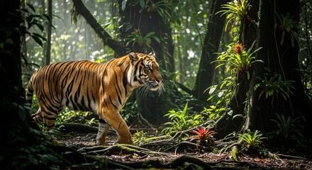 Majestic Sumatran tiger prowling through lush rainforest, sunlight illuminating the dense jungle environment.