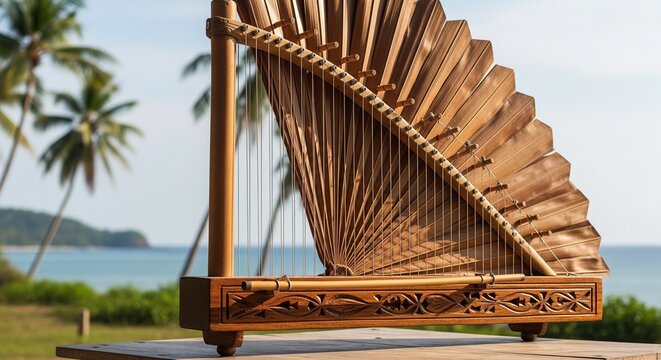 Traditional wooden kora harp with intricate carvings on a beachside table.