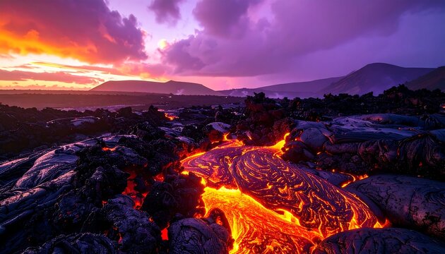 Molten lava flows across a dark, rocky terrain under a vibrant sunset, with mountains in the distant horizon - Powered by Adobe