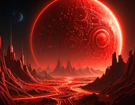 Red planet with glowing circuitry, alien landscape