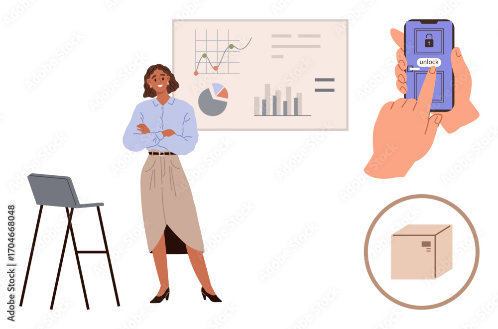 Poster woman standing near charts, analyzing business data with confidence. hand unlocking smartphone with 
