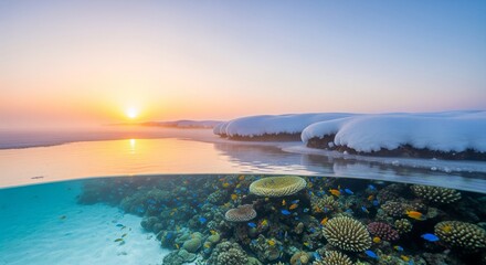 Surreal landscape: Coral reef thriving beneath a tranquil sea, snow-capped land at the horizon, golden sunset, and clear sky.