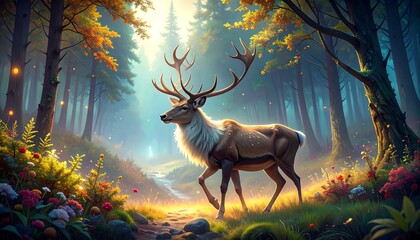 Majestic deer in a sunlit autumn forest