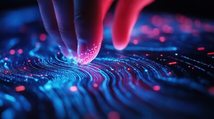 Finger touching a digital screen with blue and red light data streams