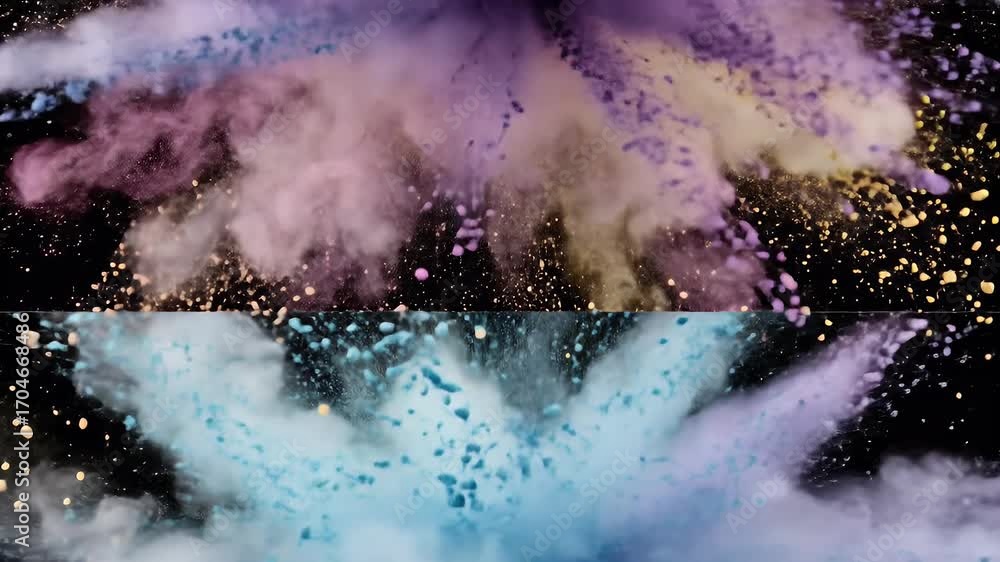 Poster abstract powder explosions in dual view with dynamic colors against black backdrop