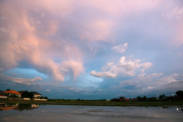 Tropical summer blue sky fluffy white cloud summertime on light sunny day cloudscape. Clear bright blue skyline spring sunlight climate background. Heaven blue environment ecology high scenic nature.