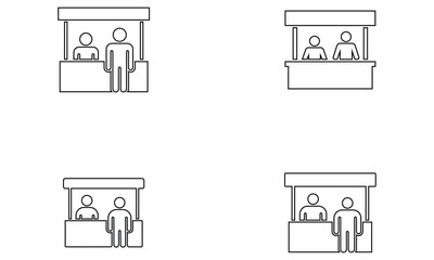 Market stall icon set with outline people shop booth business symbol design
