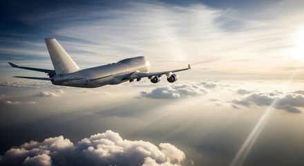A commercial jet airplane flies through a sky filled with dramatic clouds and sunlight rays