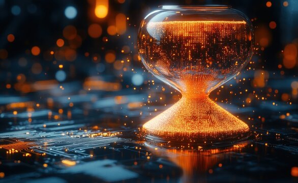 Glowing digital hourglass with streaming orange particles in a futuristic circuit board environment symbolizing the flow of time and technology
