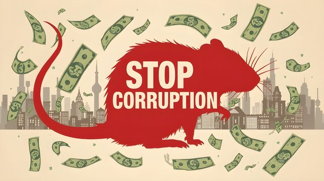 Anti-corruption campaign. Vector illustration about stop corruption. Illustration of black rat biting money