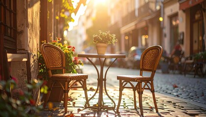 Sunlight spills onto a charming caf?