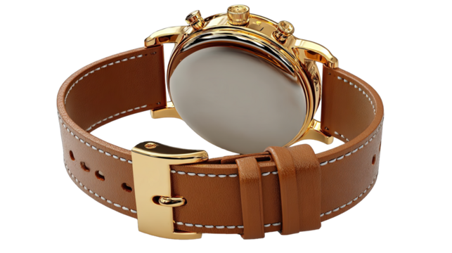Gold-toned chronograph watch with tan leather strap.  Detailed view of the back of the watch