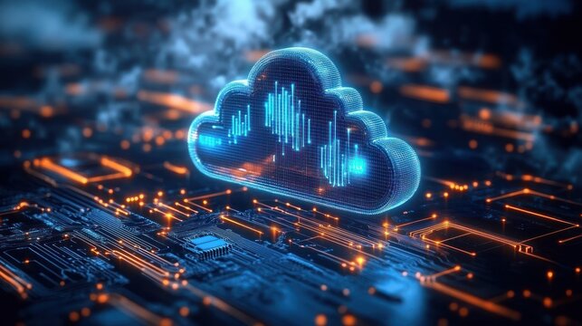 Digital holographic cloud icon projecting blue data graphs above a glowing orange and blue circuit board symbolizing cloud computing and data exchange