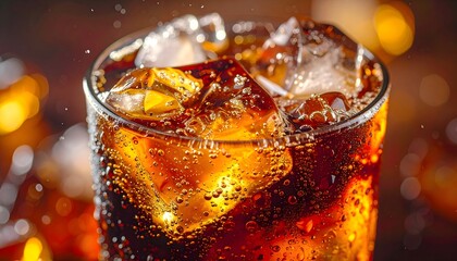Iced cola with bubbles in glass and condensation