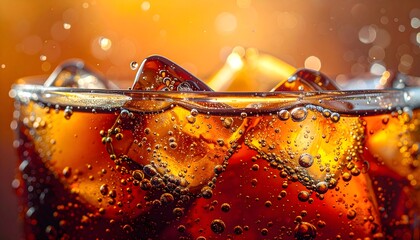 Iced cola with bubbles in glass and condensation