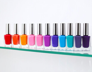 Colorful Nail Polish Bottles on Glass Shelf, Beauty Products, Cosmetics