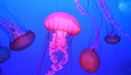 Pink jellyfish in a vibrant blue aquarium