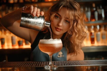 young woman bartender pouring cocktail from shaker into coupe glass in warm lit bar setting with focused and calm expression