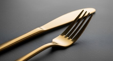 Gold Utensils, Knife and Fork, Close Up.
