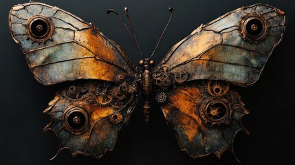 Close-up of a steampunk-styled butterfly with metallic wings featuring intricate gears and mechanical parts, blending nature with industrial design