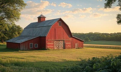Rustic red barn standing in a sunlit green field with trees and a wooden fence under a partly cloudy sky during golden hour