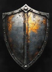 Old medieval metal shield with rust and scratches on textured dark background showing wear and age