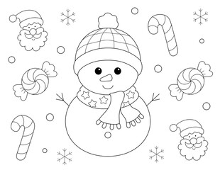cute christmas coloring pages for kids and adults. easy black and white design with christmas snowman and candy. Printable on letter size (8.5 x 11 in) paper. Exclusive on Adobe Stock.