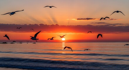 Flock of seagulls flying over the ocean at vibrant sunset with sun rays