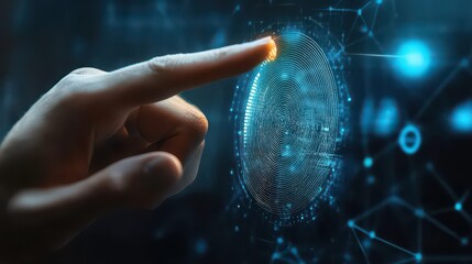 Hand touching digital fingerprint with glowing lines for biometric security