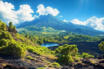 Lush green landscape with a mountain covered partially by clouds under a bright blue sky with scattered white clouds