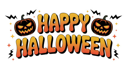 Spooky jack-o'-lanterns and vibrant text celebrate a festive Happy Halloween season with playful stars, perfect for party invitations and decorations.
