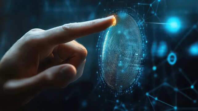 Hand touching digital fingerprint with glowing lines for biometric security - Powered by Adobe