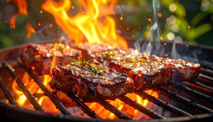 Grilled barbecue meat on flaming charcoal grill