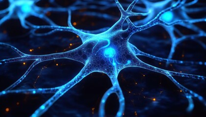 Close-up view of glowing blue neurons interconnected with delicate branches against a dark background, illustrating neural network activity and complex brain functions