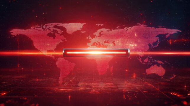 Futuristic digital world map with glowing red horizontal progress bar and grid lines on dark background conveying technology and data visualization