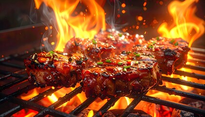 Grilled barbecue meat on flaming charcoal grill