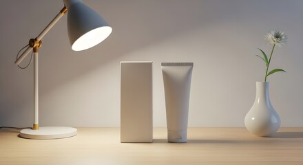 Minimalist beauty product packaging with desk lamp and vase