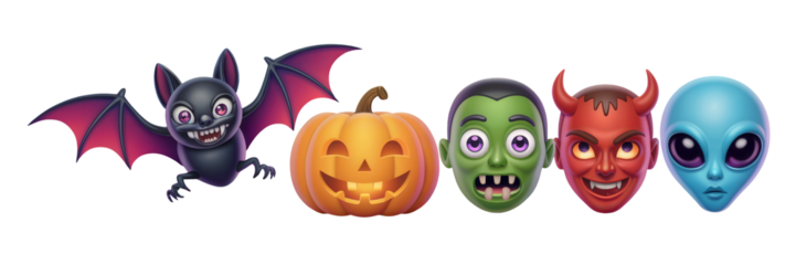 Spooky Halloween characters including a playful bat, grinning jack-o'-lantern, zombie, devil, and curious alien for festive seasonal designs