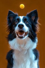 black and white dog with attentive expression looking at a yellow ball in midair against a warm brown background
